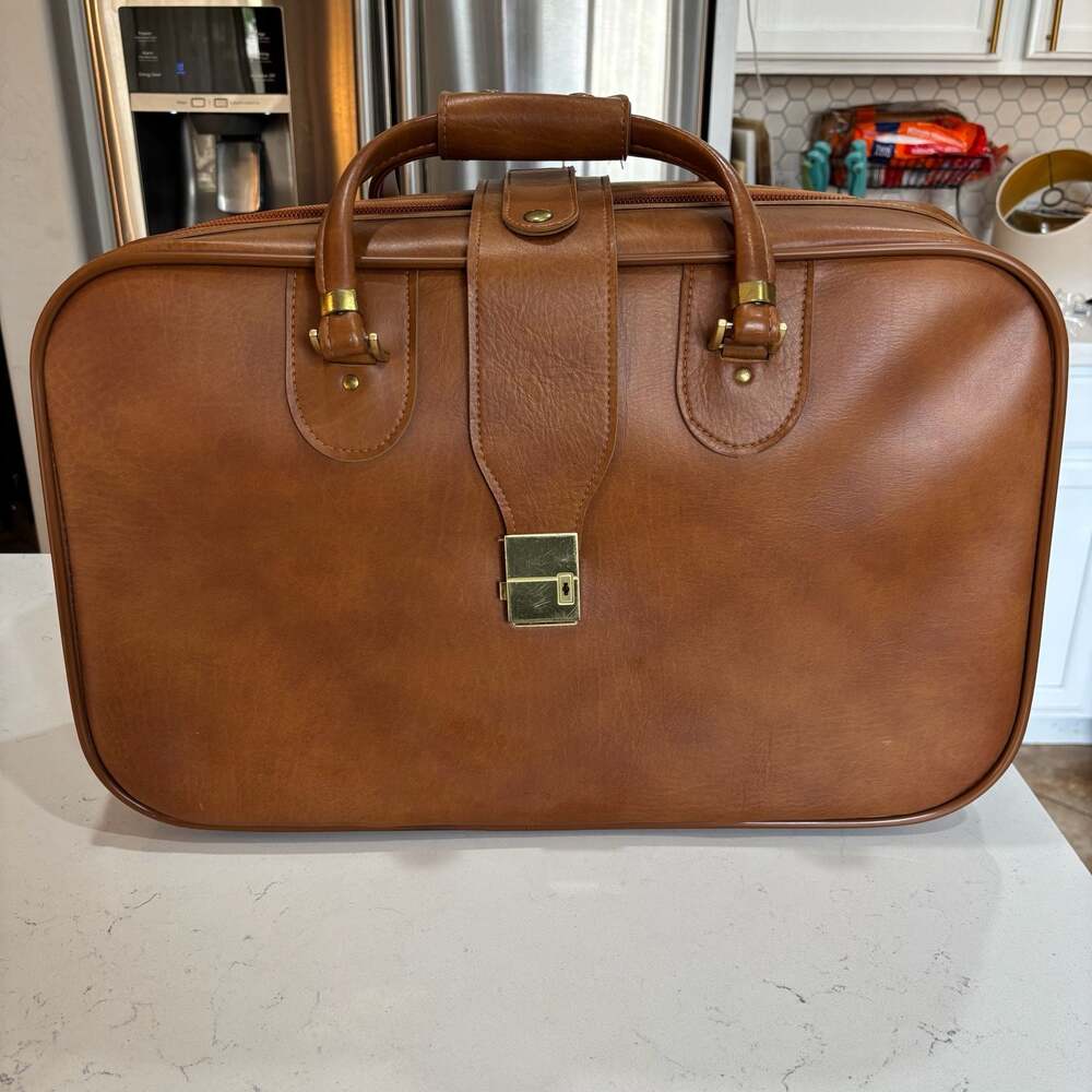 Vintage Brown Faux Leather Locking Soft Sided Carry-On Suitcase (Keys Included)